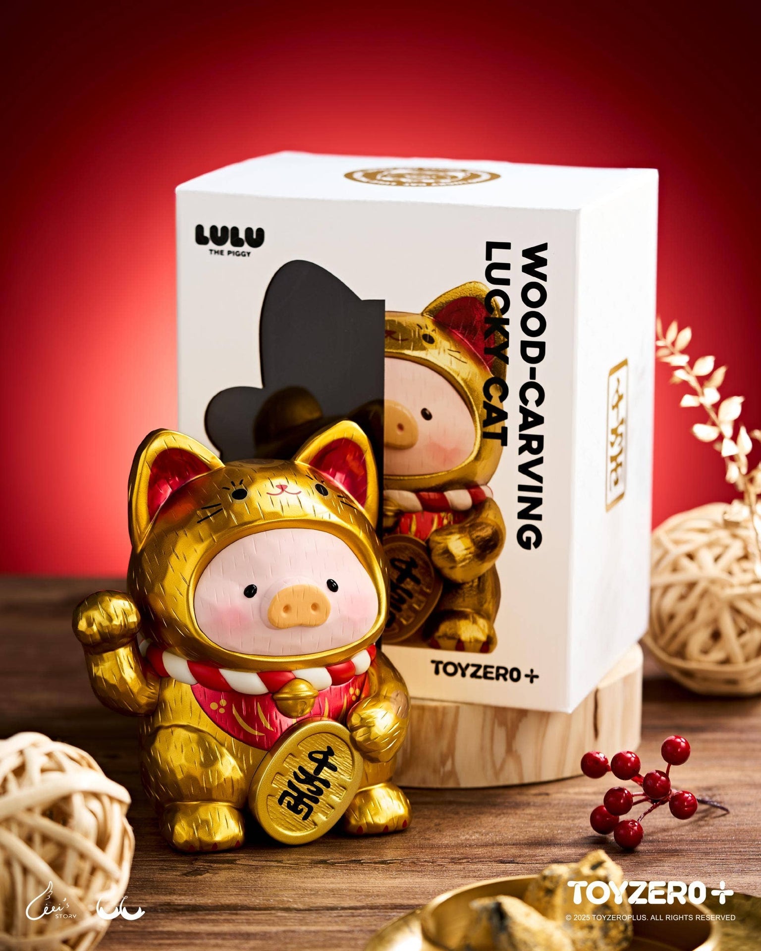 LuLu the Piglet - Maneki Lu (golden cat) - 18cm wooden sculpture