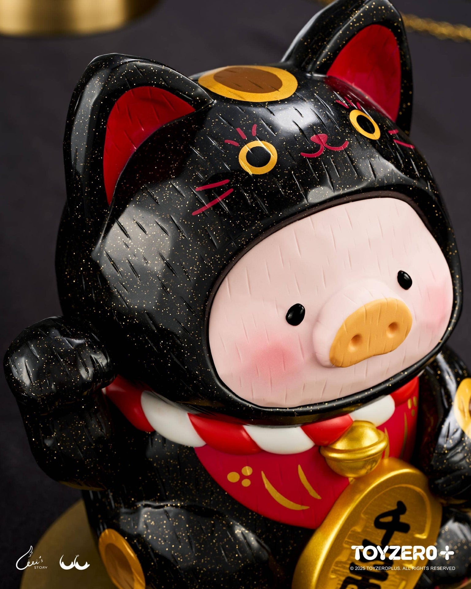 LuLu the Piglet - Maneki Lu (black cat) — 18cm wooden sculpture