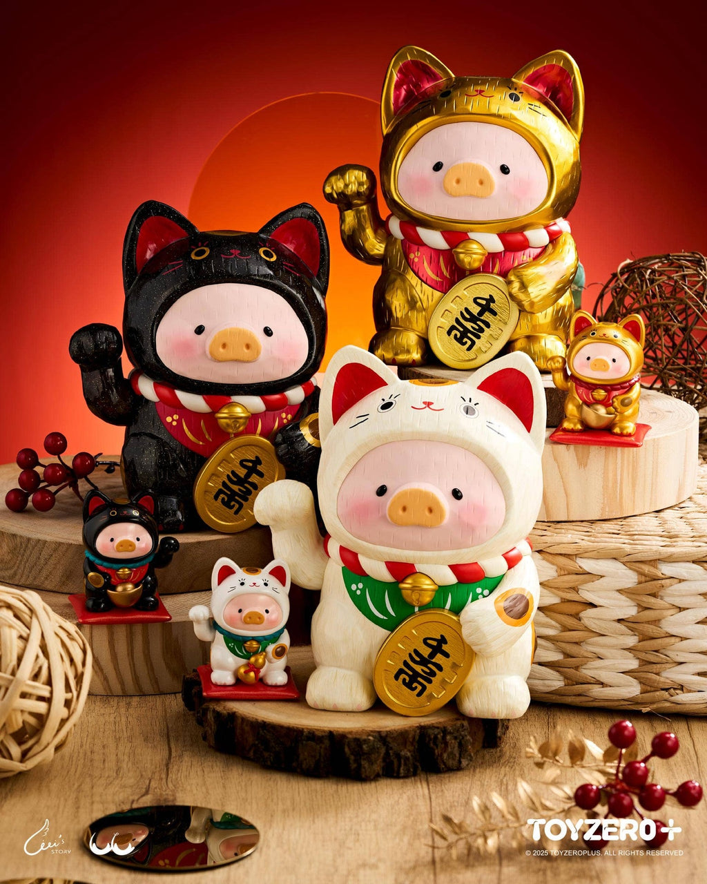 LuLu the Piglet - Maneki Lu (golden cat) - 18cm wooden sculpture