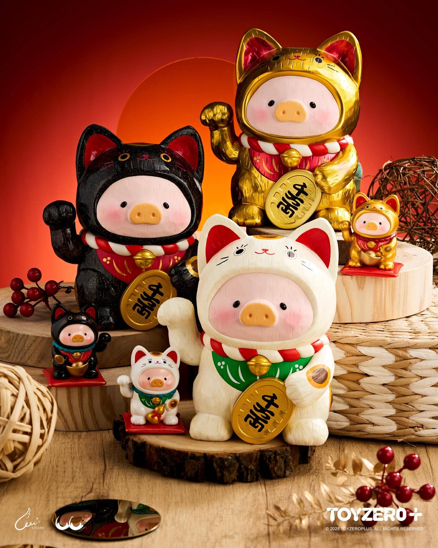 LuLu the Piglet - Maneki Lu (golden cat) - 18cm wooden sculpture