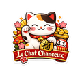 Sticker Maneki Neko Le Chat Chanceux avec chat porte-bonheur japonais, daruma, fleurs de cerisier et pièce de prospérité.