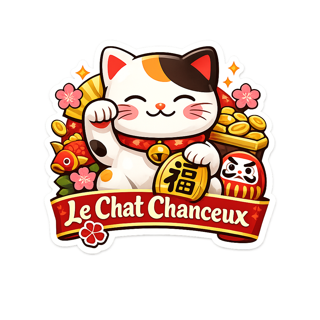 Sticker Maneki Neko Le Chat Chanceux avec chat porte-bonheur japonais, daruma, fleurs de cerisier et pièce de prospérité.