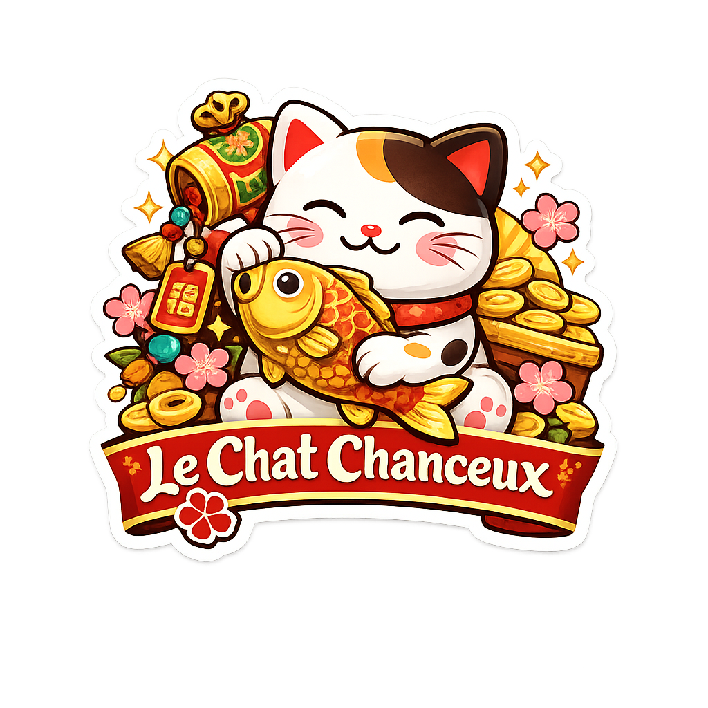 Sticker Maneki Neko kawaii avec poisson koi doré, pièces d’or, fleurs de cerisier et bannière Le Chat Chanceux.