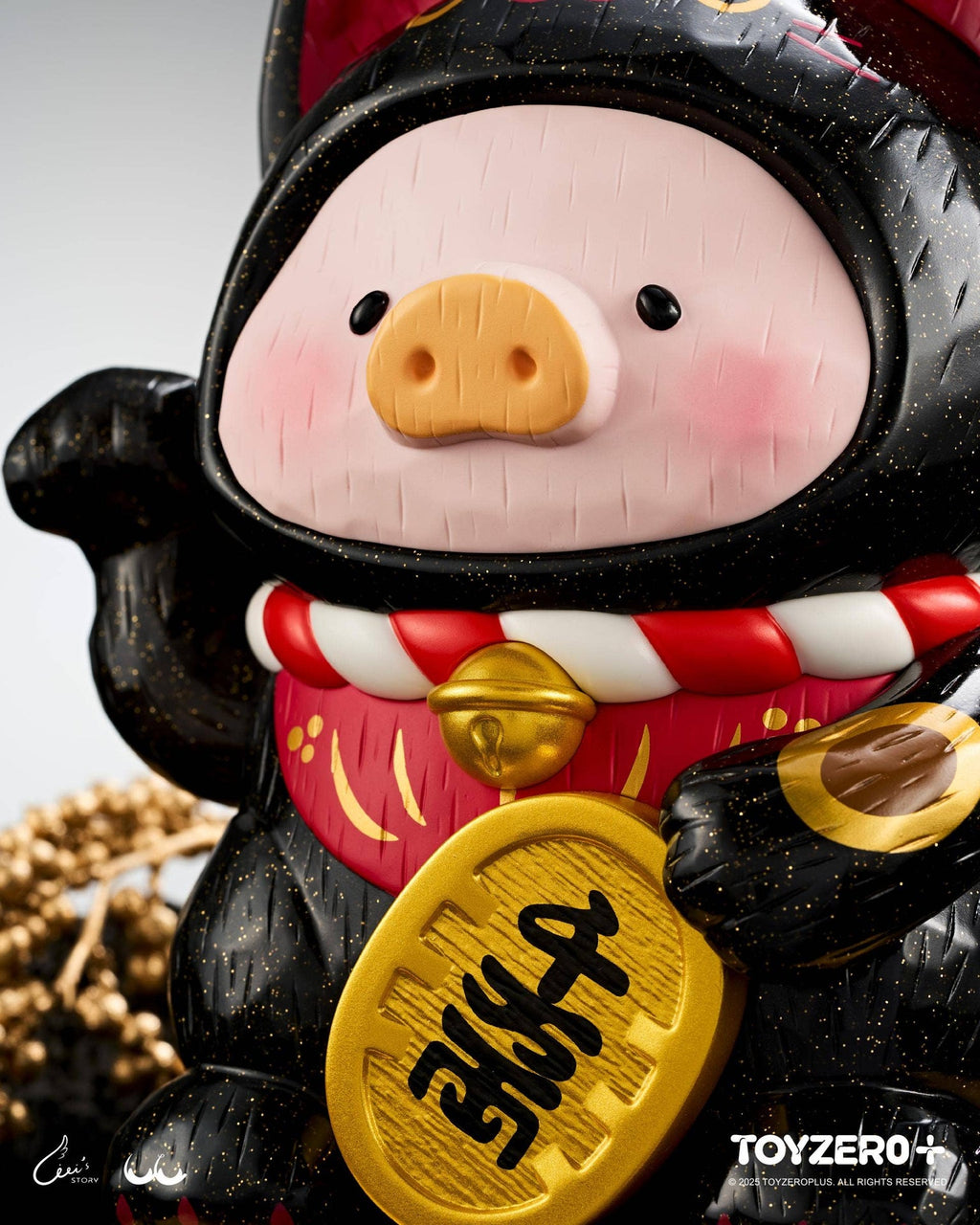 LuLu the Piglet - Maneki Lu (black cat) — 18cm wooden sculpture