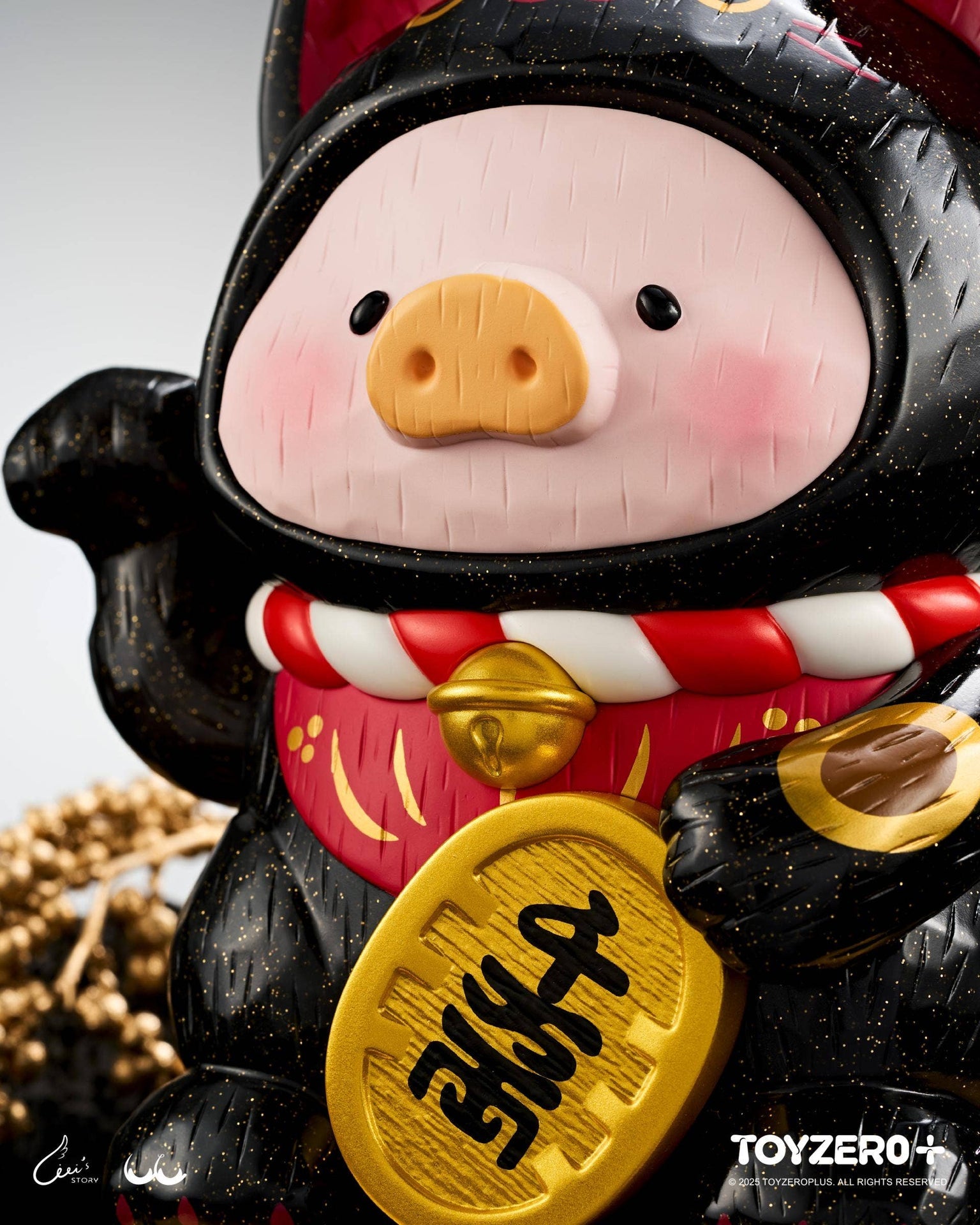 LuLu the Piglet - Maneki Lu (black cat) — 18cm wooden sculpture