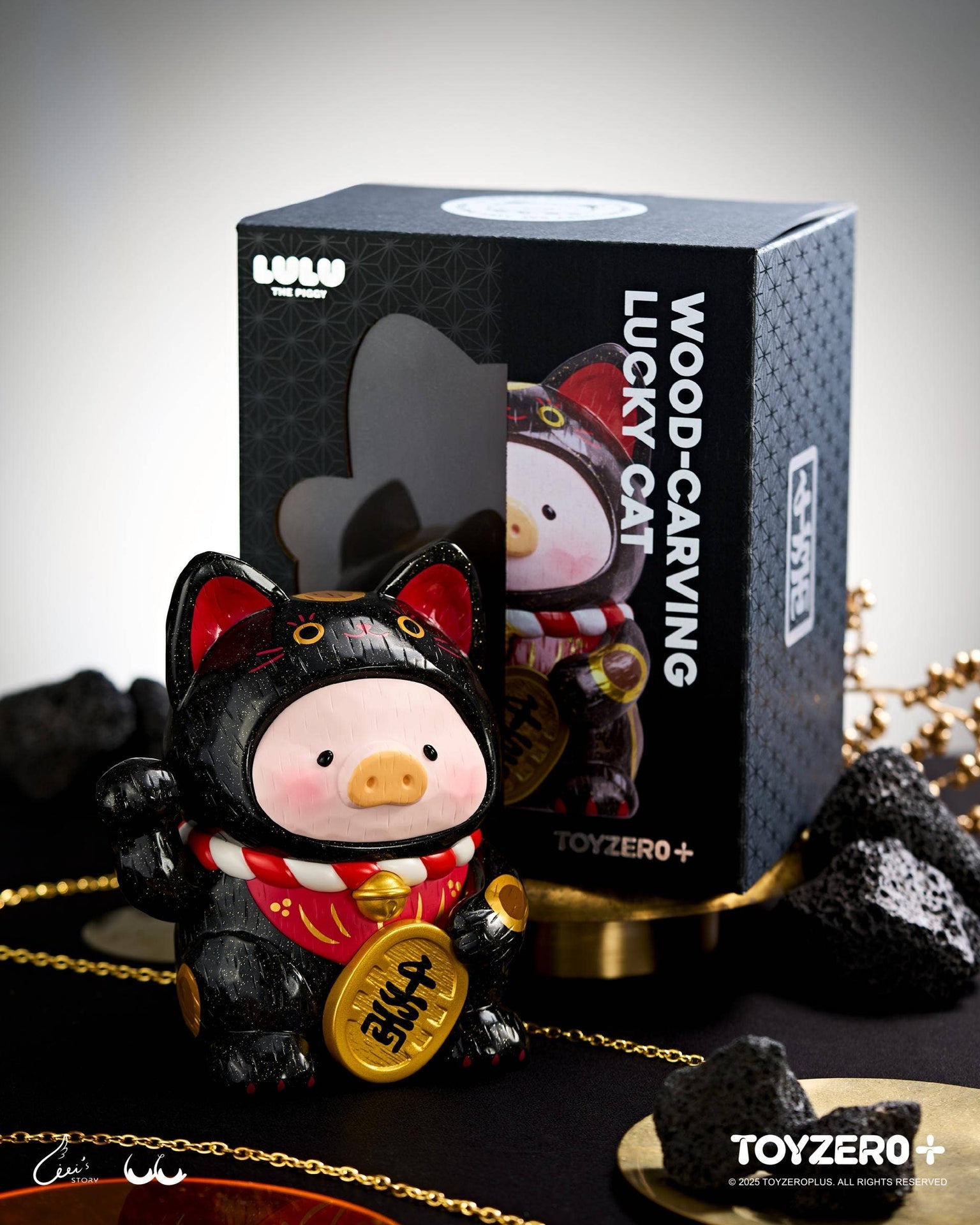 LuLu the Piglet - Maneki Lu (black cat) — 18cm wooden sculpture