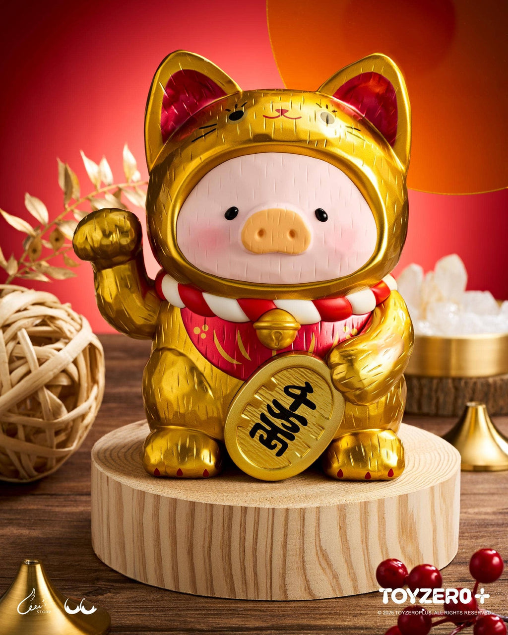 LuLu the Piglet - Maneki Lu (golden cat) - 18cm wooden sculpture