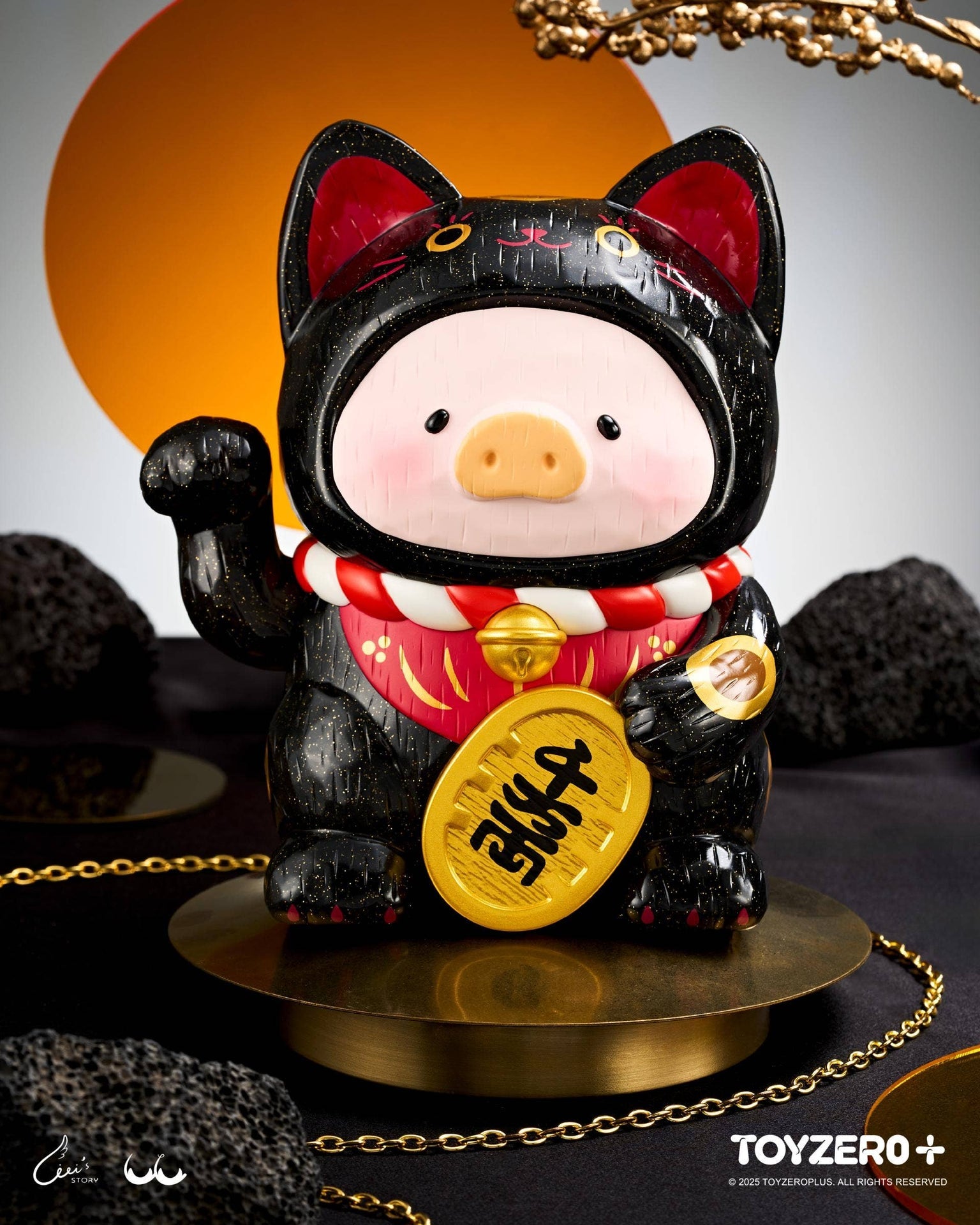 LuLu the Piglet - Maneki Lu (black cat) — 18cm wooden sculpture