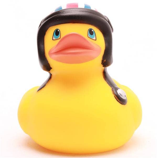 Duck with motorcycle helmet